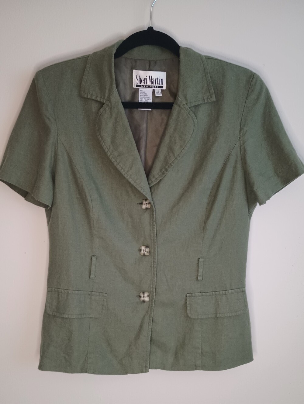 Vtg Linen Blend Olive Green Short-Sleeve Notch Collar Blazer